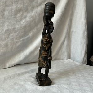 Vintage African Tribal Art Hand Carved Wood Statue Woman w/Etchings w/Ba…